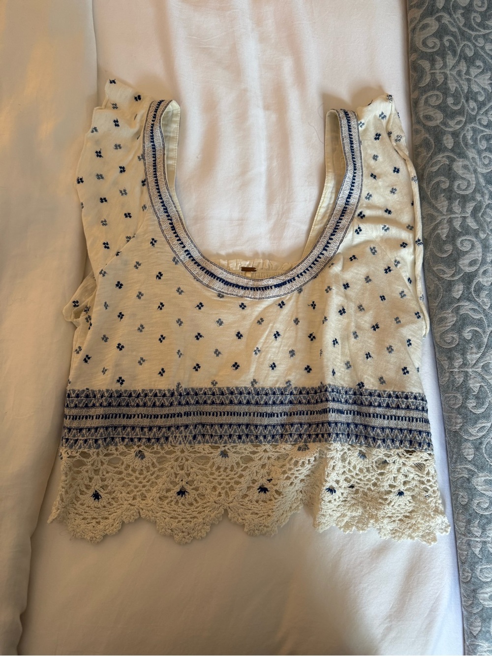 Free People Cream & Navy Embroidered Crochet-Hem Tank